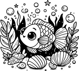 Obraz premium Fish black outline children coloring book illustration.
