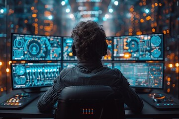 Person sitting at desk with multiple computer screens