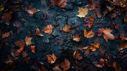 Wet autumn leaves strewn across a forest floor, illuminated by the soft light of a rainy day.
