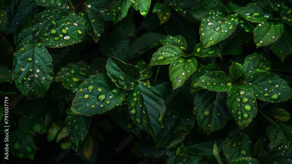 Poster wet leaves in various shades of green, illuminated by the soft glow of rain-filtered sunlight.