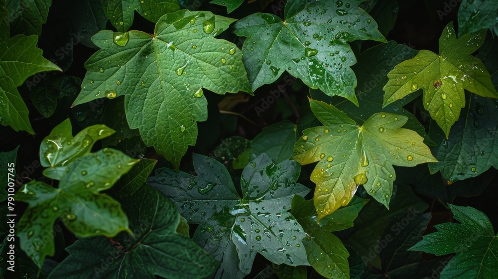 Poster wet leaves in various shades of green, illuminated by the soft glow of rain-filtered sunlight.
