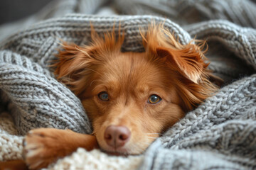 Funny dog wrapped in a warm knitted blanket