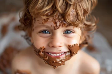 Foto op Plexiglas baby eating chocolate with dirty mouth © Michael