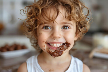 Boy child eating chocolate with dirty mouth