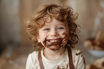 Foto op Plexiglas Boy child eating chocolate with dirty mouth © Michael