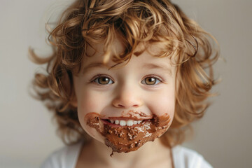 Smiling boy child with dirty mouth covered in chocolate