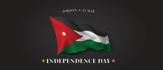 Jordan independence day vector banner, greeting card. Jordanian wavy flag in 25th of May patriotic holiday horizontal design with realistic flag