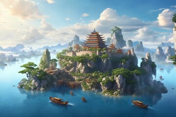 Floating Castle in Clouds, Chinese style Fantasy Castle and islands floating in the sky, Mountain Castle, Chinese fantasy landscape, fantasy castle on a rock, floating island, AI Generative - obrazy, fototapety, plakaty