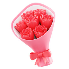 3D rendered red roses in pink bouquet with ribbon