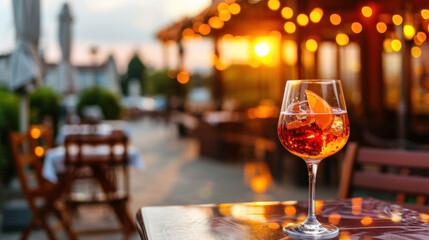 Aperol Spritz cocktail on summer restaurant patio, sunset
