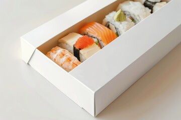 Assorted sushi varieties in white box