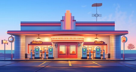 Art Deco service station facade with retro pumps, decorative tiles, and neon signs