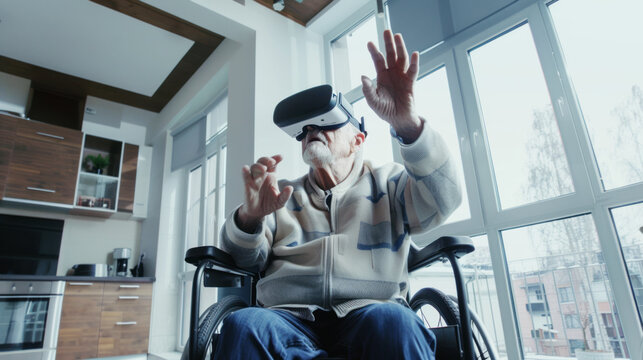 Old man in wheelchair wearing virtual reality headset - new possibilities for disabled persons concept - Powered by Adobe