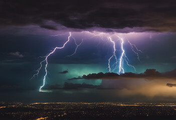 Naklejka na ściany i meble Majestic Thunderstorm Over Cityscape: Intense Lightning Strikes Piercing Through Night Sky