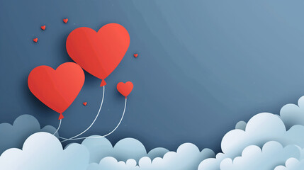 Obraz premium Vector illustration of red heart shaped balloons flying in the sky with clouds background for Happy Valentine's Day celebration, paper art