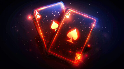 Poker Card Casino Concept With Glowing Neon Lights On The Black Background
