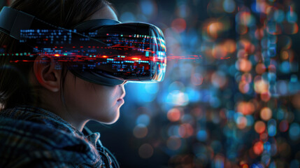 Fototapeta na wymiar Small girl with virtual reality device in abstract space, wen entertainment and learning technology