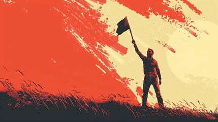 A man holding up a flag of victory, standing on a grassy hill with a red sky, vector illustration - obrazy, fototapety, plakaty
