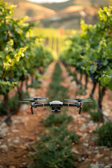 Remote controlled drone flying over vineyard