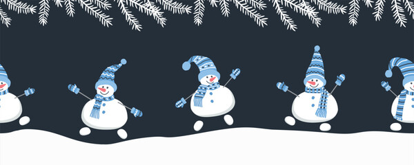 Happy snowmen have fun in winter holidays. Seamless border. Christmas background. Cute snowmen in blue winter hats and scarves are  dancing. Greeting card template. Vector illustration on dark blue