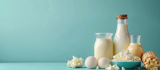 Fresh milk in a transparent bottle with a bowl of kefir and egg on a blue background.