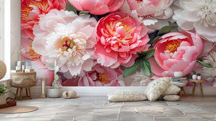 A meditation and yoga room enhanced by the tranquil beauty of 3D peony wallpaper The vibrant yet soothing flowers promote relaxation and focus against the room's muted, peaceful palette