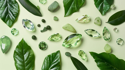 Assorted green gemstones and leaves artistically arranged on a light green background.