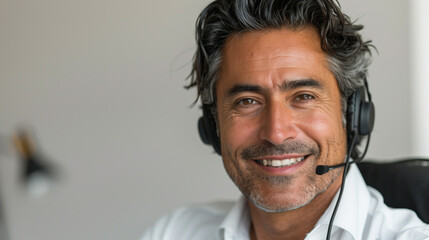 Fototapeta premium Portrait of a smiling middle-aged man wearing a headset, suggesting a professional setting like customer service or telecommunication.