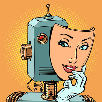 A vintage robot hides behind the face of a beautiful girl. Exposing bots on the Internet and in dating apps. The danger of third-party programs stealing your personal data.