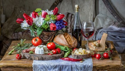Wine and Dine: Still Life Composition of Food and Wine