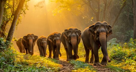 Fototapeta premium A majestic herd of elephants walk through the jungle in the golden sunlight.