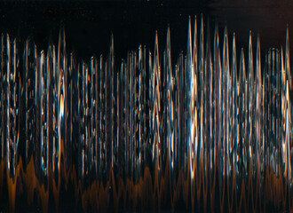 Glitch background. Distortion noise. Orange black color analog frequency display artifact tech wave dark dust night effect grunge abstract.