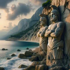 Two greek stone soldiers sculpted from the cliffs rocks.
 - obrazy, fototapety, plakaty