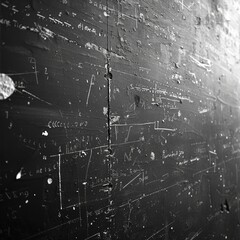 A black and white photo of a wall with a lot of writing on it. The writing appears to be a mix of...