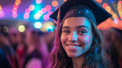 Fototapeta premium American young woman wearing graduation cap dancing at party. Festive bokeh background