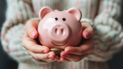 Close-up of hands holding a pink piggy bank with coins, symbolizing savings and financial planning.