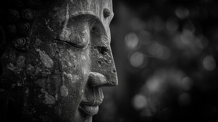 Close-up of a weathered stone Buddha statue with detailed textures, set against a blurred background.