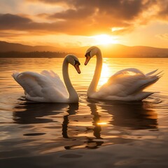 A pair of golden swans gracefully gliding on a tranquil lake at sunset, the warm glow of the setting sun casts a golden hue over the water, reflecting the elegance of the swan