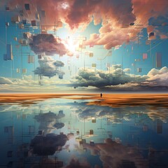 Imaginative scene of Pixelated Clouds hovering over a digital landscape, each cloud composed of clear, blocky pixels, the landscape below mirrors the abstract digital with geometric shapes