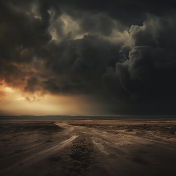 Moody landscape depicting a darkened day, with heavy storm clouds rolling in over a desolate field, Image captures the intense contrast between the dark sky and the muted earth tones below