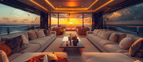 A luxurious yacht interior with plush sofas and a large table, overlooking the ocean at sunset.
