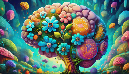 oil painting style cartoon character Multicolored human brain of colored flowers concept heads