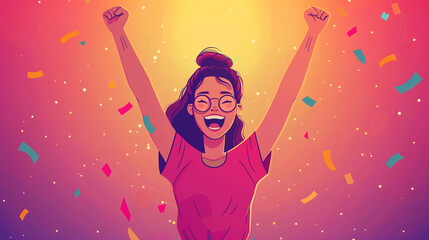 Illustration of a joyful young woman celebrating with her arms raised, surrounded by colorful confetti on a vibrant pink and orange background.