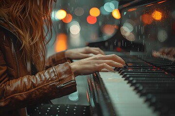 Woman Playing Piano in the Rain. Generative AI
