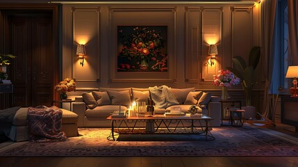 living room interior featuring a beige sofa, soft blanket, and bright yellow cushions, all bathed in the soothing glow of warm lighting