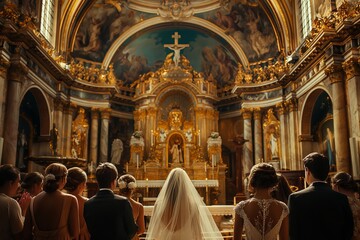 Wedding, priest and couple at the altar for marriage vows in commitment ceremony in a church from behind. Married, love and caring bride and groom celebrating their loving relationship in a chapel