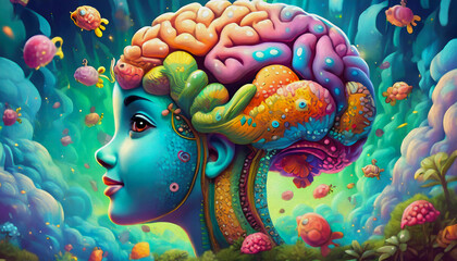 oil painting style cartoon character Multicolored human brain of colored flowers concept heads