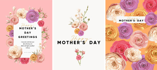 Happy Mother's Day. Vector watercolor modern elegant floral illustration of peony flower, rose, plant, bouquet, pattern, pink and purple geometric logo, leaf, for greeting card, invitation or poster - 791013142