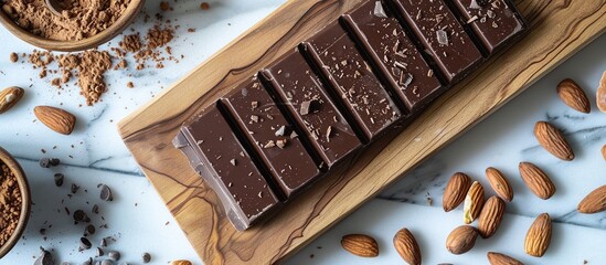 Chocolate bar on a wooden board with nuts scattered nearby and cocoa powder on a white marble countertop