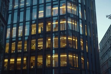 Modern office building windows lit in evening night early morning long working hours exhaustion overtime exterior urban architecture skyscraper lights tower financial sector banking hq headquarters